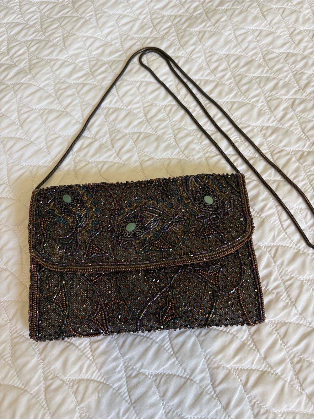 Vintage Beaded Evening Bag Clutch Gray multi /turquoise, purple, and copper